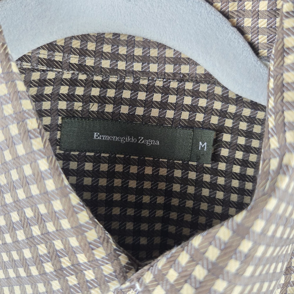 Ermenegildo Zegna Mens Medium M Brown Beige Check Plaid Button Up Shirt - Picture 5 of 11
